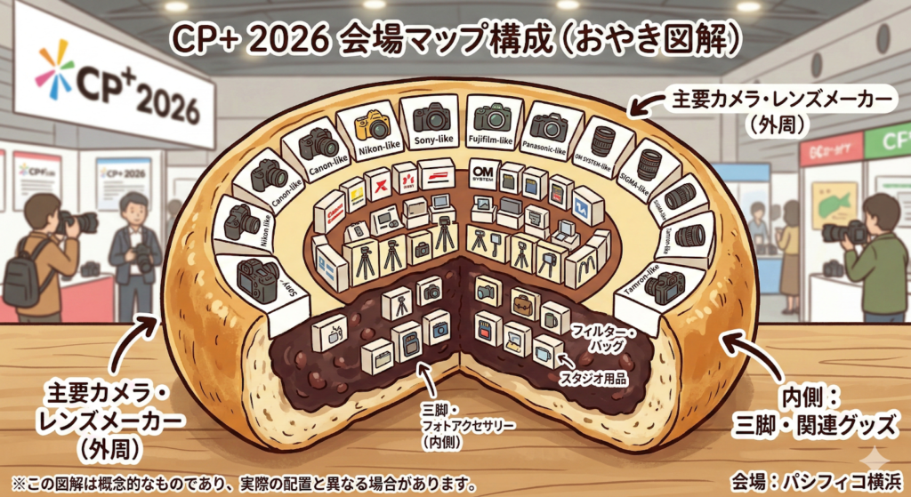 CP+2026の出展ブースの並びを「おやき」に見立ててイメージした概念図。